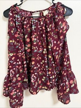 Japna Burgundy Floral Cold-Shoulder Blouse
